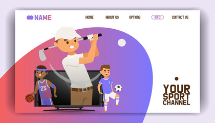 Sport channel banner website design vector illustration. Playing golf with equipment such as club and ball, football and basketball players standing in TV screen. Contact information.