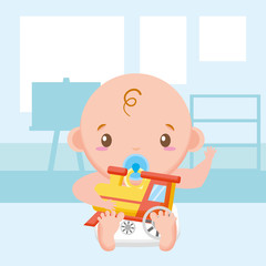 cute little baby boy with train