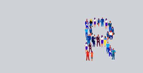 business people crowd forming shape letter R different men women businesspeople group standing together English alphabet concept full length horizontal