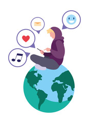 man sitting on world using smartphone social media