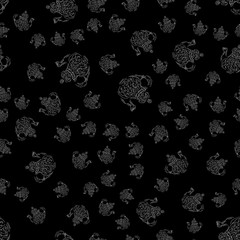 Seamless retro hand drawn teapots, great design for any purposes. Seamless pattern. Teapot hand drawn a pattern in Chinese style on black background. Retro typography. Kettle icon. Isolated vector