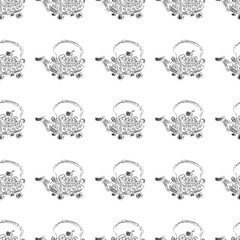 Seamless retro hand drawn teapots, great design for any purposes. Seamless pattern. Teapot hand drawn a pattern in Chinese style on white background. Retro typography. Kettle icon. Isolated vector