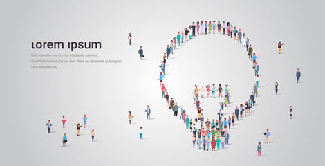 people crowd gathering in light lamp icon shape social media community creative idea concept different occupation employees group standing together full length horizontal copy space