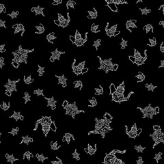 Seamless retro hand drawn teapots, great design for any purposes. Seamless pattern. Teapot hand drawn a pattern in Chinese style on black background. Retro typography. Kettle icon. Isolated vector