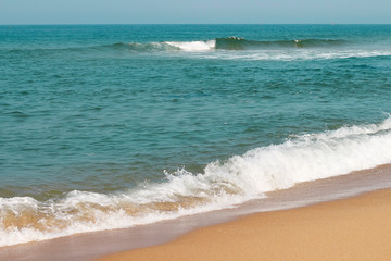 Sea surface with waves and foam, top view, natural background