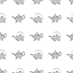 Seamless retro hand drawn teapots, great design for any purposes. Seamless pattern. Teapot hand drawn a pattern in Chinese style on white background. Retro typography. Kettle icon. Isolated vector