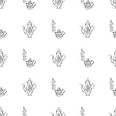 Seamless retro hand drawn teapots, great design for any purposes. Seamless pattern. Teapot hand drawn a pattern in Chinese style on white background. Retro typography. Kettle icon. Isolated vector