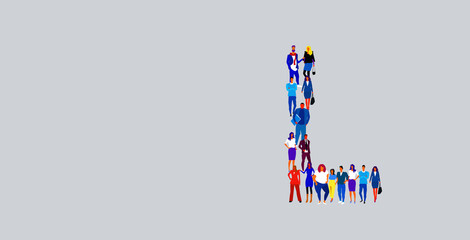 business people crowd forming shape letter L different men women businesspeople group standing together English alphabet concept full length horizontal