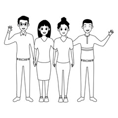 Two young couples smiling cartoons in black and white