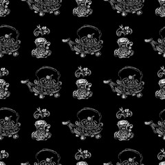 Seamless pattern of teapots and teacups isolated on black background. Chinese seamless pattern of teapots and teacups collection for textile design. Vector outline illustration
