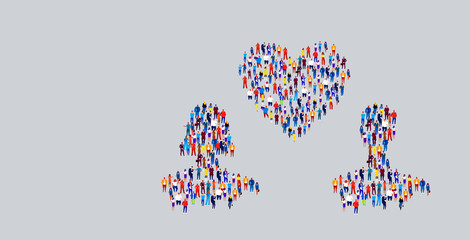 businesspeople crowd gathering in couple with love heart shape different business people group standing together social media communication valentine day concept horizontal