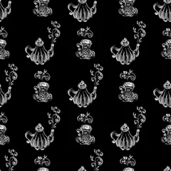 Behang Thee Naadloze patroon van theepotten en theekopjes geïsoleerd op zwarte achtergrond. Chinees naadloos patroon van theepotten en theekopjes collectie voor textielontwerp. Vector overzichtsillustratie