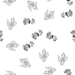 Seamless pattern of teapots and teacups isolated on white background. Chinese seamless pattern of teapots and teacups collection for textile design. Vector outline illustration