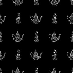 Seamless pattern of teapots and teacups isolated on black background. Chinese seamless pattern of teapots and teacups collection for textile design. Vector outline illustration