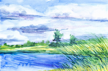 Fototapeta na wymiar Watercolor illustration of a beautiful summer forest landscape by the lake