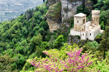 View of the Pepoli Castle in  Erice on the top of Mount Erice, Italy. © Narda