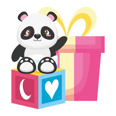 Naklejka premium cute little bear panda with block and gift
