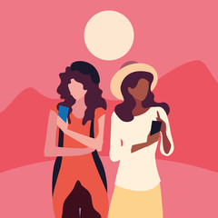 Obraz na płótnie Canvas two women characters using smartphone