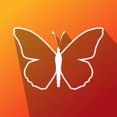 simple white outline butterfly icon with long shadow effect in red colorfull background illustration