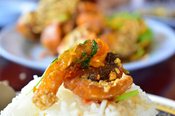 seafood Garlic fried crayfish and steamed rice are delicious and very popular food.