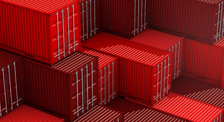 Stack of red containers box, Cargo freight ship for import export 3D - obrazy, fototapety, plakaty