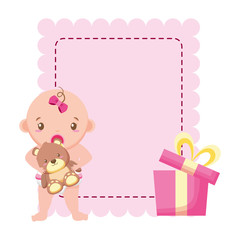 cute girl in diaper with bear and gift baby shower