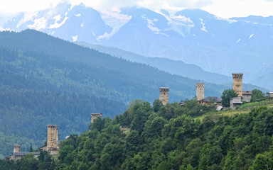 Fototapeta na wymiar Typical Svaneti defensive tower houses in Mestia, Georgia