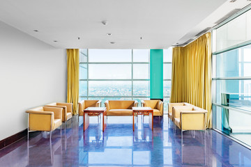Interior room with table and couch with windows glass