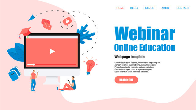 Web Template. Webinar, internet conference, web based seminar, online education, e-learning flat design concept	