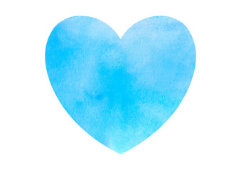 Big blue watercolor heart isolated on white background. Valentines day hand drawn background with space for text. Heart shape watercolour template. Design element.