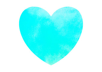 Big blue watercolor heart isolated on white background. Valentines day hand drawn background with space for text. Heart shape watercolour template. Design element.