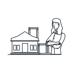 beautiful young woman with house building
