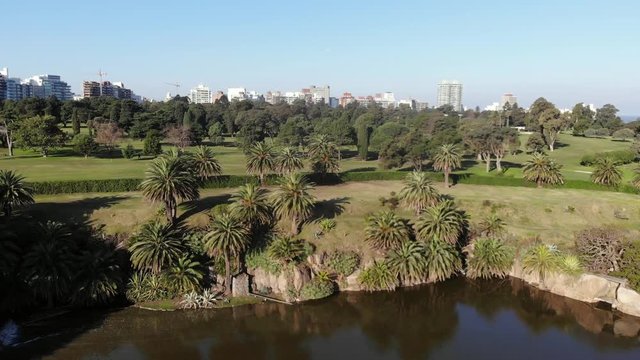 Aerial Drone Footage Beautiful park landscape Rambla Parque Rodo Montevideo Uruguay