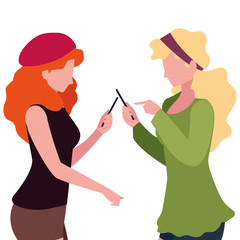 two women using smartphone talking