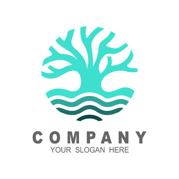 Big Tree Logo With Water Flow, Tree Logo In Circle