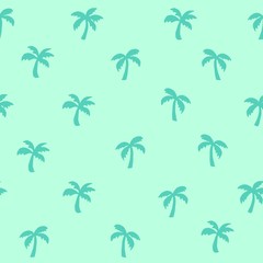 Seamless repeat pattern with half-drop small palm  trees in tonal aqua blue colors