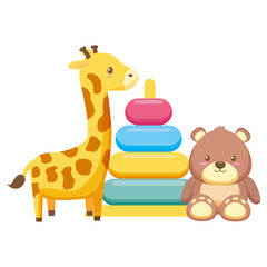 giraffe stuffed with rings and bear teddy