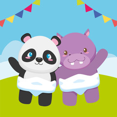 cute little bear panda and hippo on the field