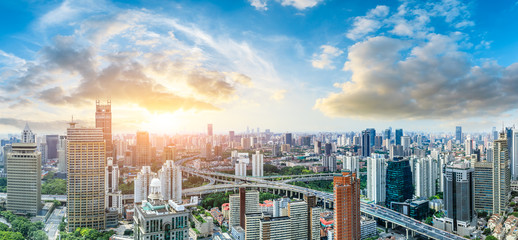 Shanghai skyline with modern urban skyscrapers at sunrise,China
