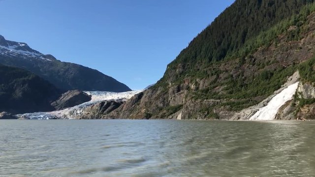Still shot of Mendenhall glacier, lake, and Nugget Falls in Alaska
