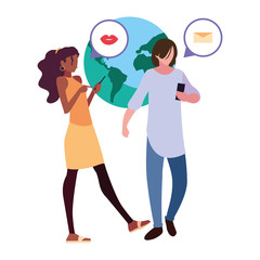 man and woman world using smartphone