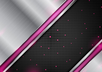 Technology abstract background. Silver metal texture and glowing pink stripes. Black perforated backdrop with halftone squares. Vector illustration