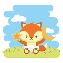 Obraz na płótnie Canvas cute little fox baby with moon and star toys