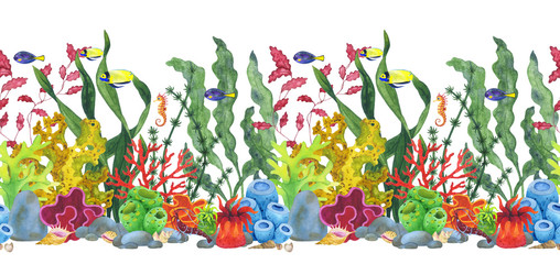 Watercolor seamless border underwater world of corals and fishes. © Rina Grinchik