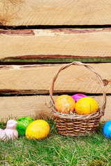 Colorful Easter eggs in wicker basket. Seasonal spring decoration.