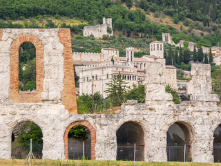 Gubbio, Italy. Amazing view of the ruins of the Roman theater and the city. It is one of the most beautiful small town in Italy