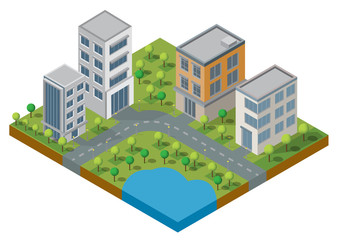 Isometric Building vector. Two building on Yard with road and trees.building 3d , smart city,Vector office and town apartment concept.