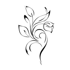 one stylized flower Bud on a curved stem with leaves and curls in black lines on a white background