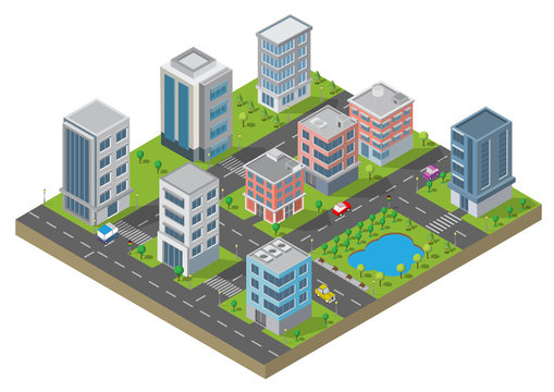 Isometric Building vector. Two building on Yard with road and trees.building 3d , smart city,Vector office and town apartment concept.