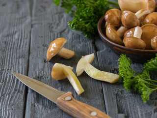 Knife with wooden handle and fresh buttermilk on wooden table.